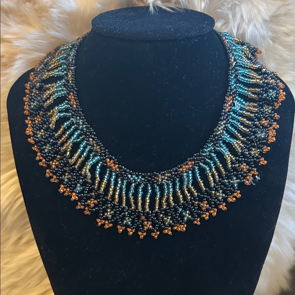 Elegant Beaded Necklace in Blue, Gold, and Orange